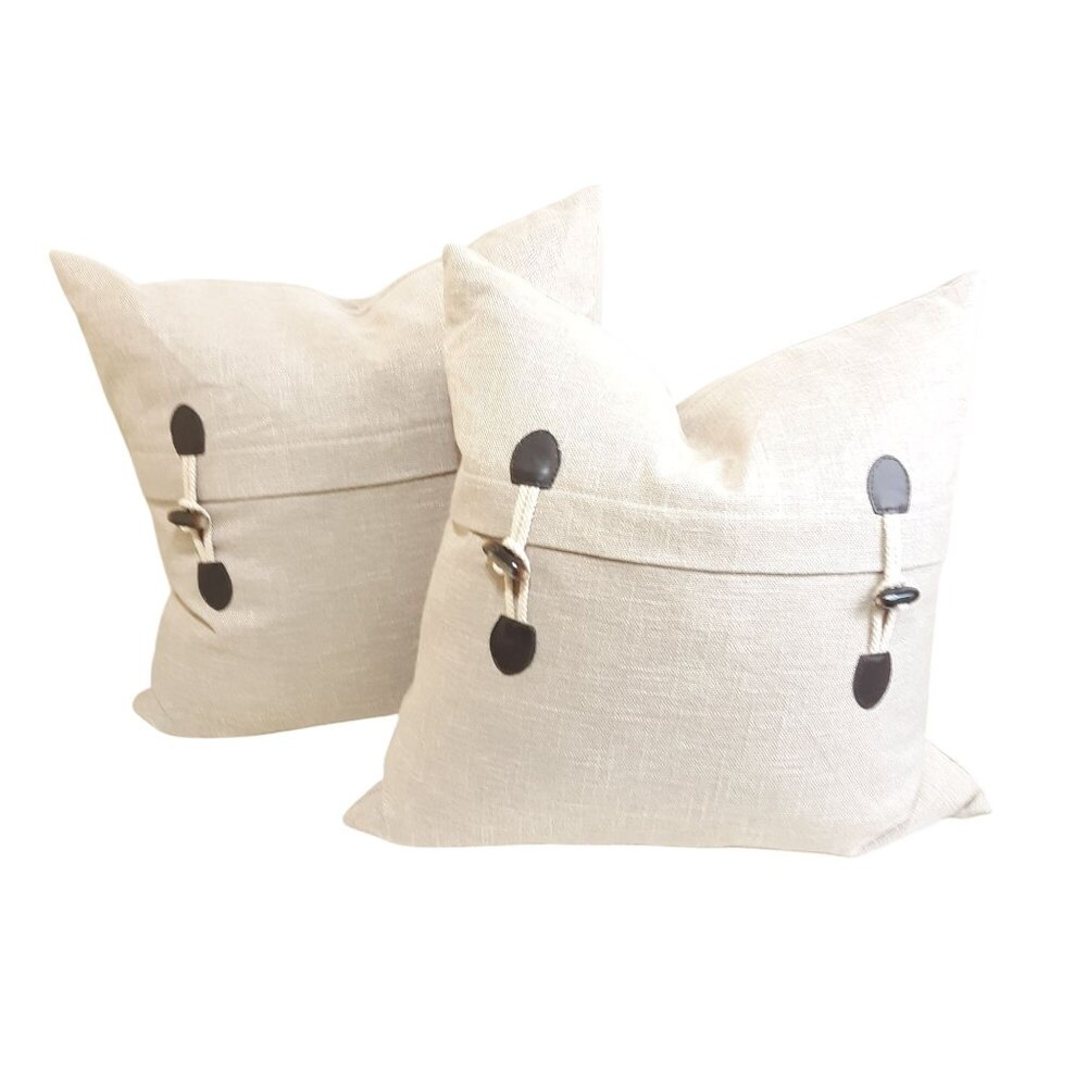 2 Throw Pillows Natural Linen/Down 18 Square Toggle Country Farm Academia Zipper